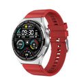 Black smartwatch with health monitoring on wrist showing heart rate display