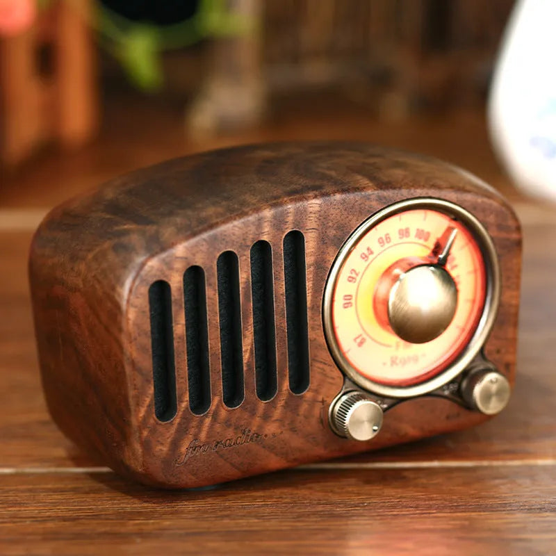 Retro wooden wireless mini speaker in natural wood finish with compact dimensions