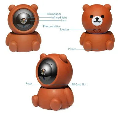 Bear brand white indoor WiFi security camera with infrared LEDs around the lens