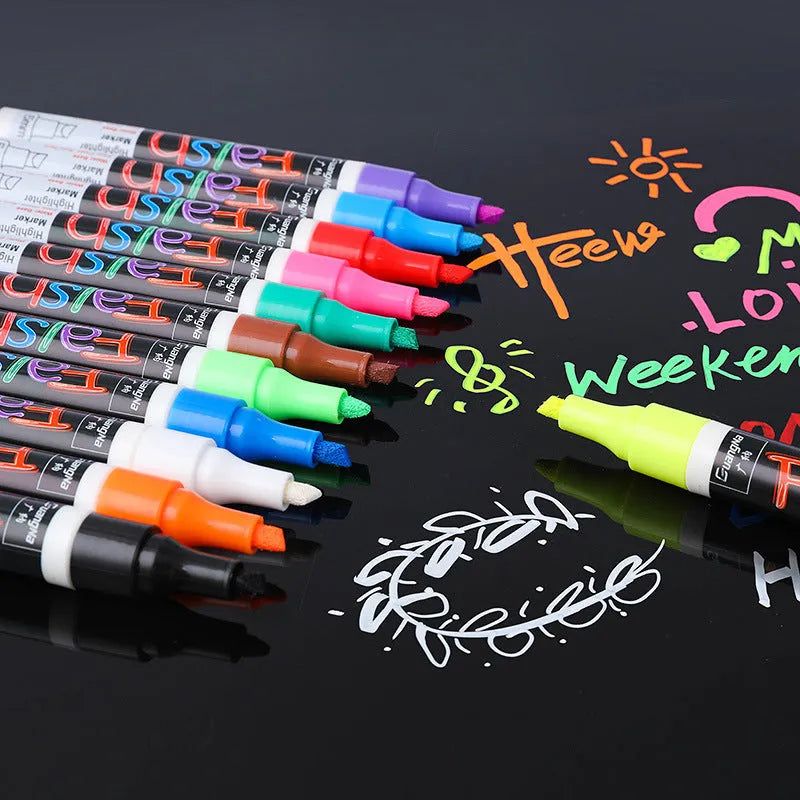 Electronic fluorescent board highlighter with oblique pen shape showing 6mm tip and plastic shell construction