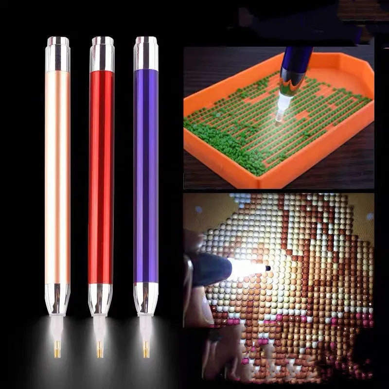 Luminous aluminium alloy drill pen for diamond painting in blue, gold, or red colours