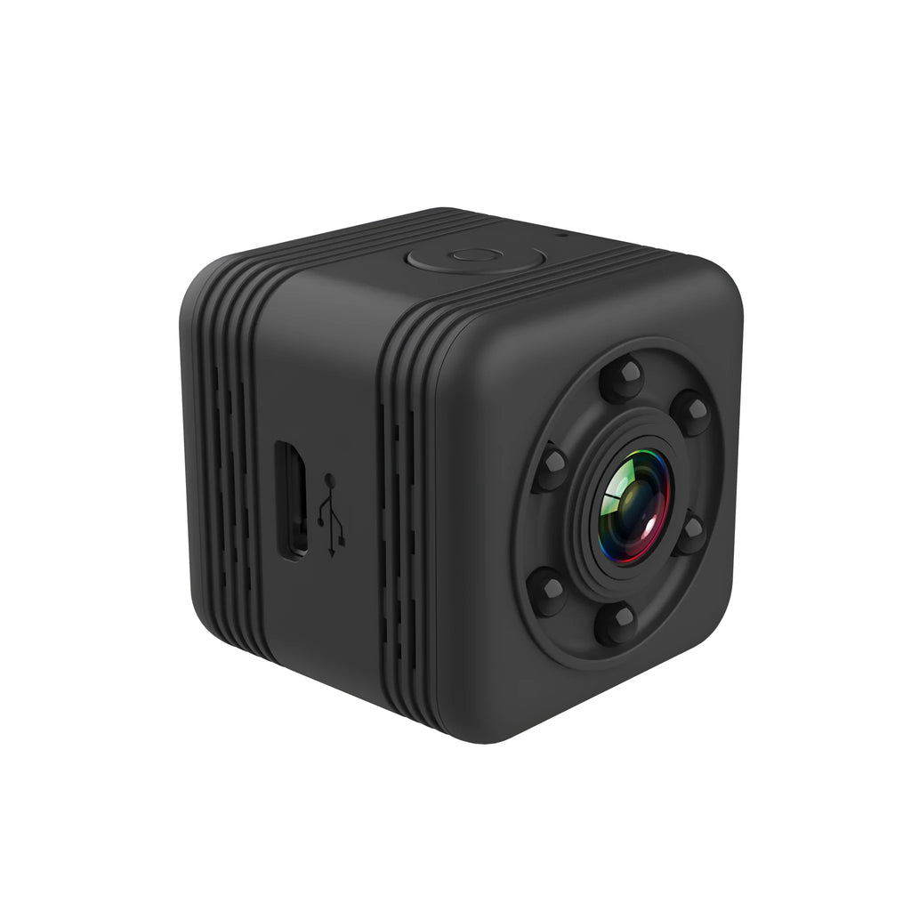 Black waterproof sports camera with microUSB port for 1080p HD video recording