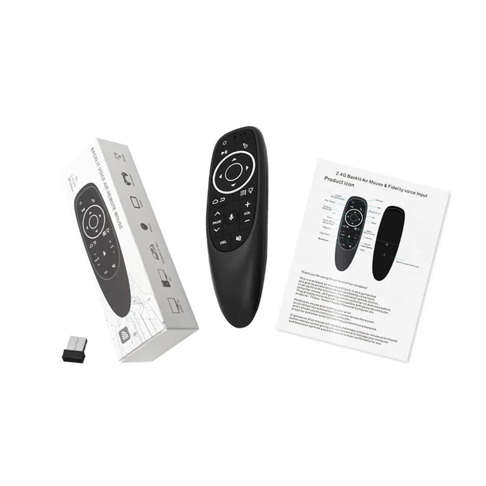 G10 series intelligent voice remote control with silicone buttons and plastic shell, shown next to its packaging box.