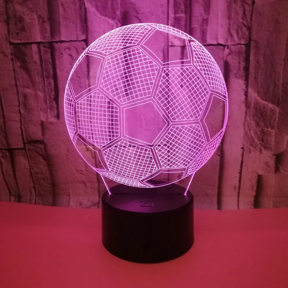 Football 3D night light showing colourful projection with touch controls and USB cable