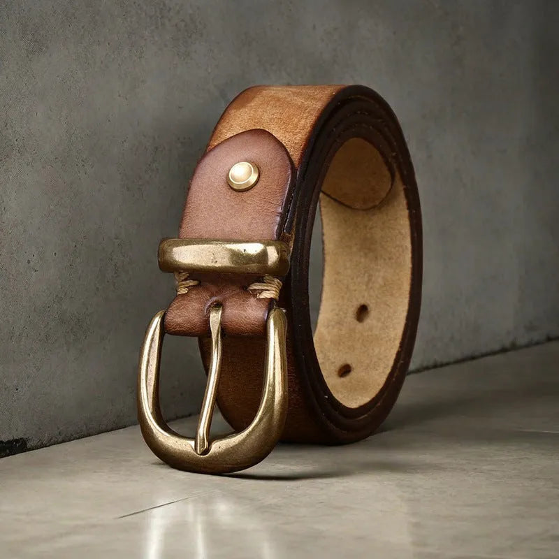 Men's casual jeans belt in cattlehide leather with copper pin buckle in black, brown, or khaki.