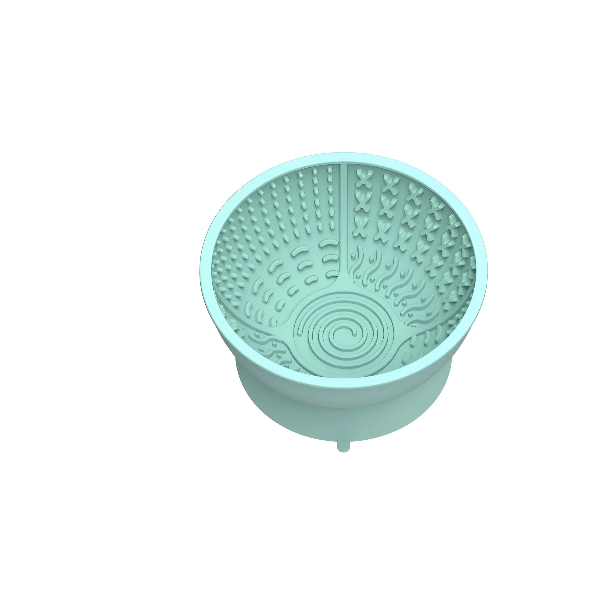 Cyan silicone pet licking mat slow feeding bowl with suction cup base showing textured surface