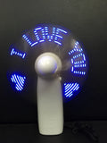 White handheld mini fan with flashing LED I Love You pattern in blue and red colours