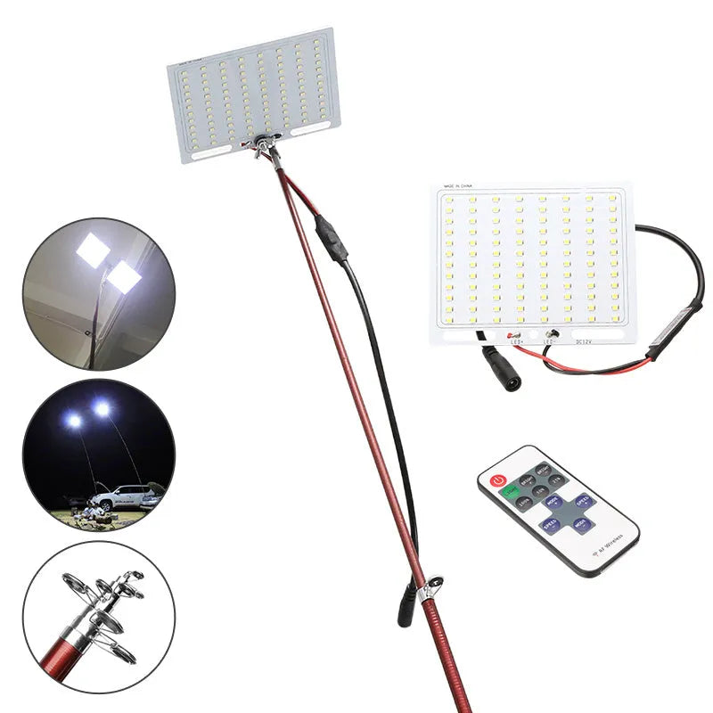 White LED fishing rod light with telescopic pole and remote control on a 12V battery for outdoor use