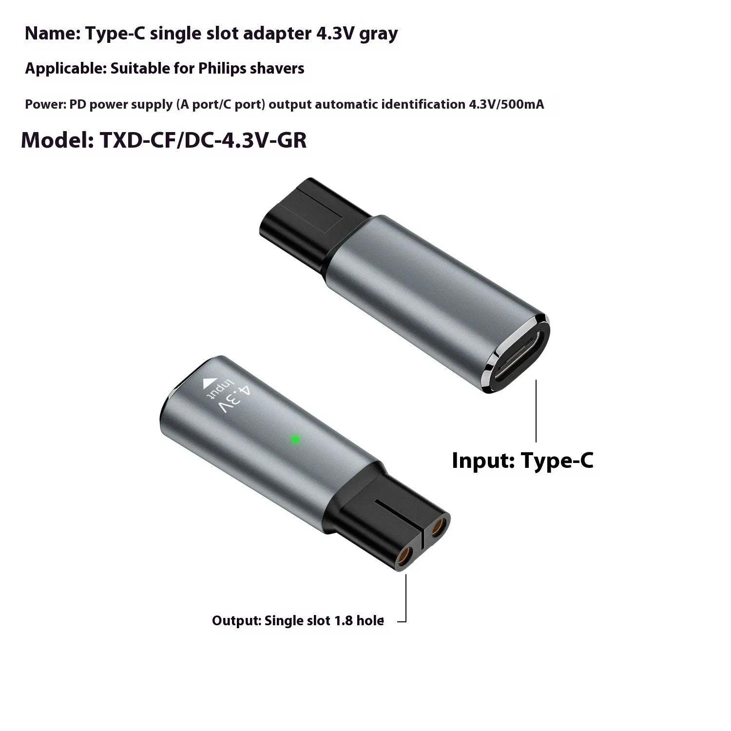 USB-C charging adapter for electric shavers with aluminium alloy housing in black or grey
