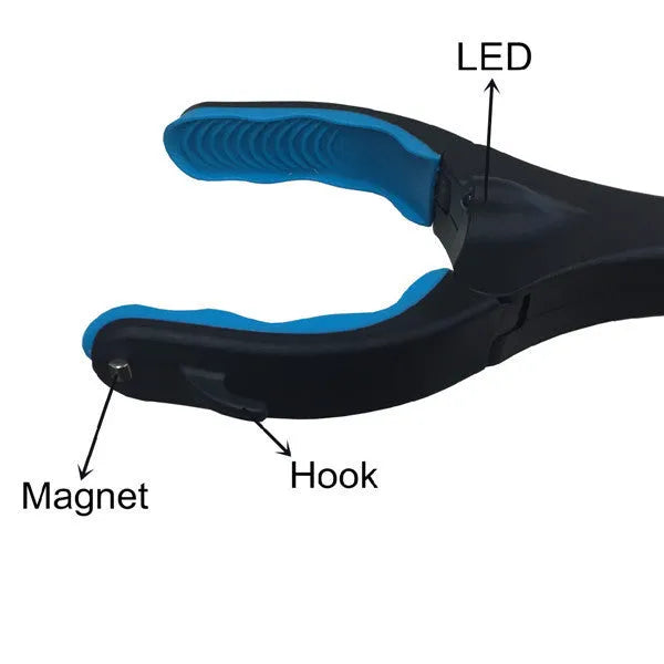 Blue foldable portable pickup tool with aluminium shaft extended, showing its 83.5cm length.