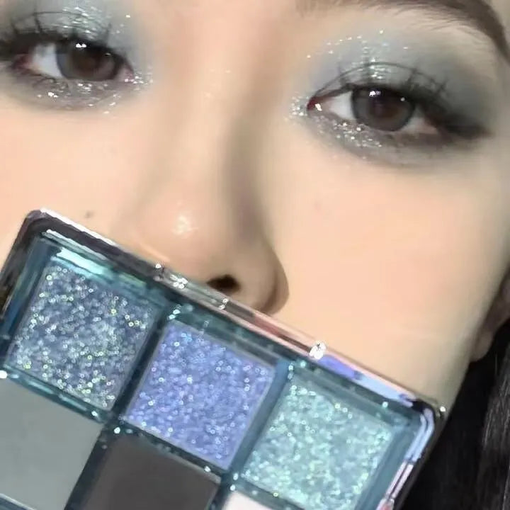 MUGELEEN nine-colour eye shadow palette showing low saturation blue smoked matte shimmer diamond debris finishes