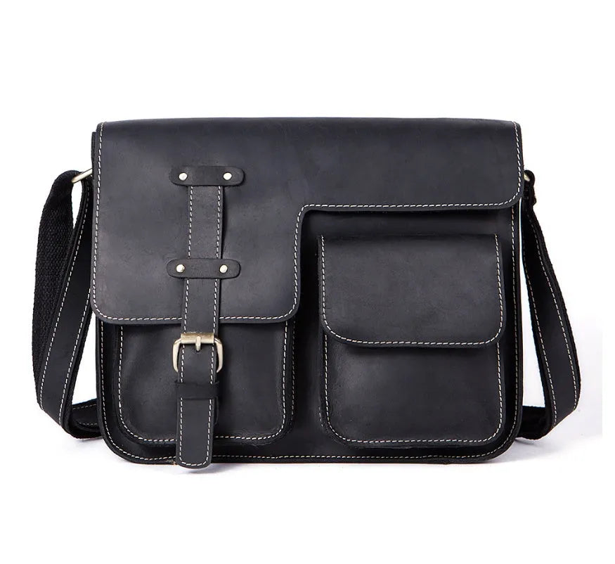 A leather vintage messenger crossbody bag shown in dark coffee colour with a flap closure and adjustable strap.