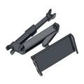 Black car phone holder mounted on rear seat headrest with tablet securely positioned