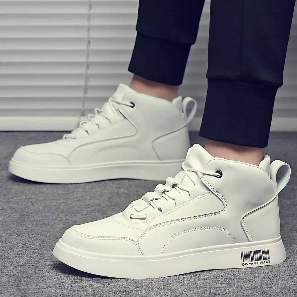 Men's white mid-top casual board shoes with round toe and front lace-up design