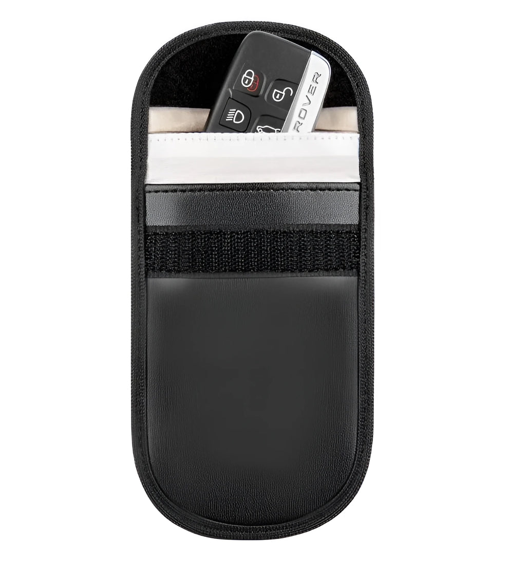 Black microfiber faraday cage signal blocking pouch for car keys and cards measuring 13.5 by 9.5 cm