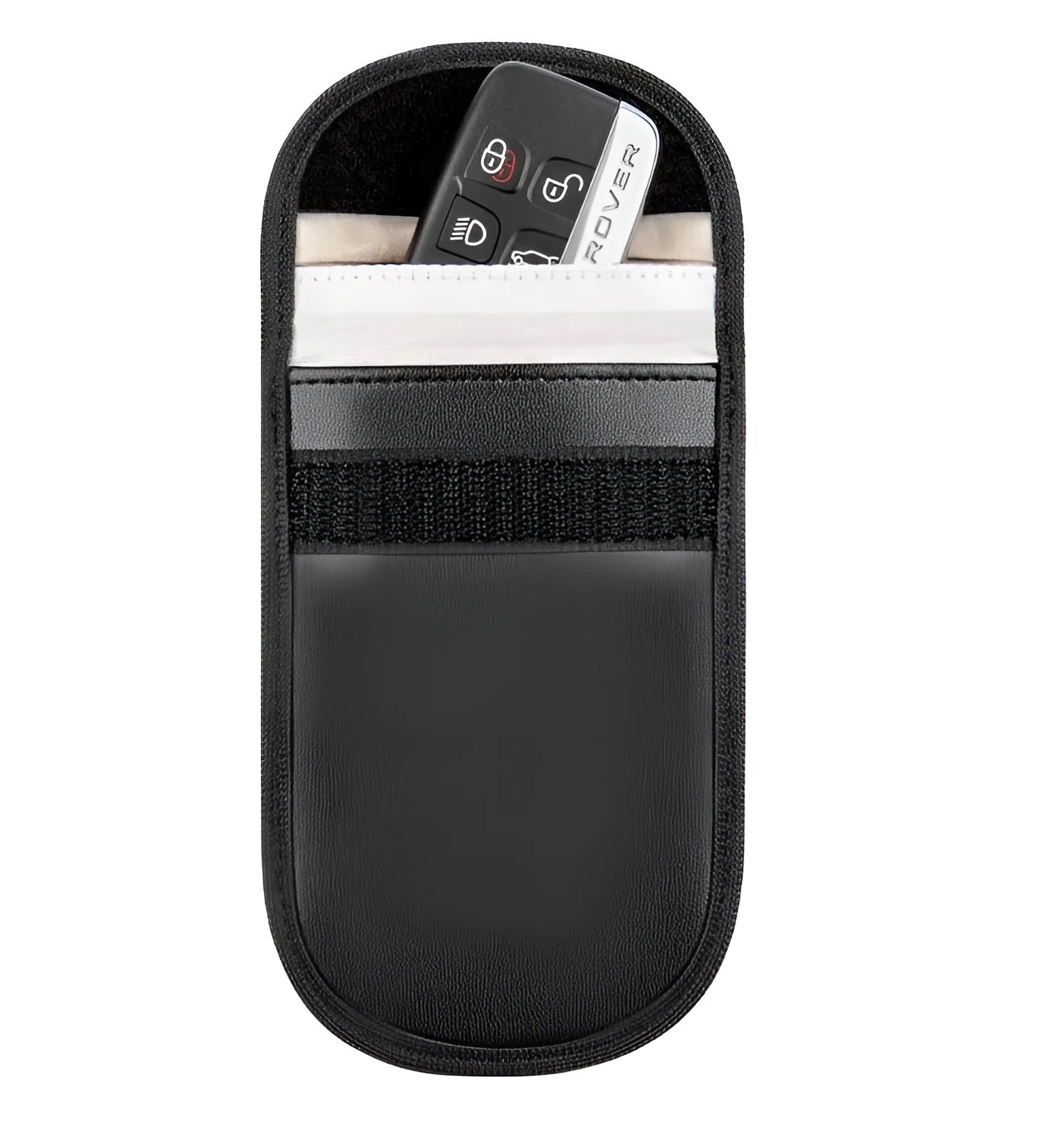 Black microfiber faraday cage signal blocking pouch for car keys and cards measuring 13.5 by 9.5 cm