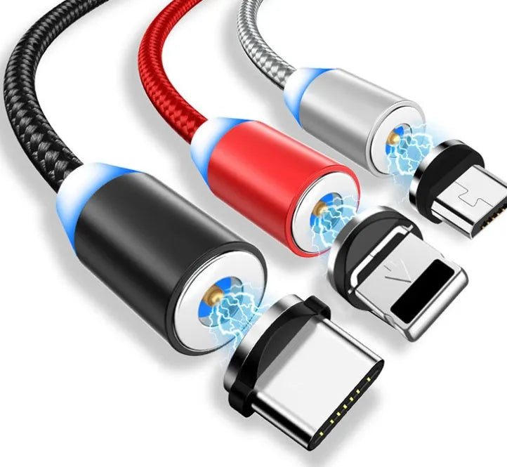1 metre cotton braided magnetic charging cable with LED light and aluminium connectors