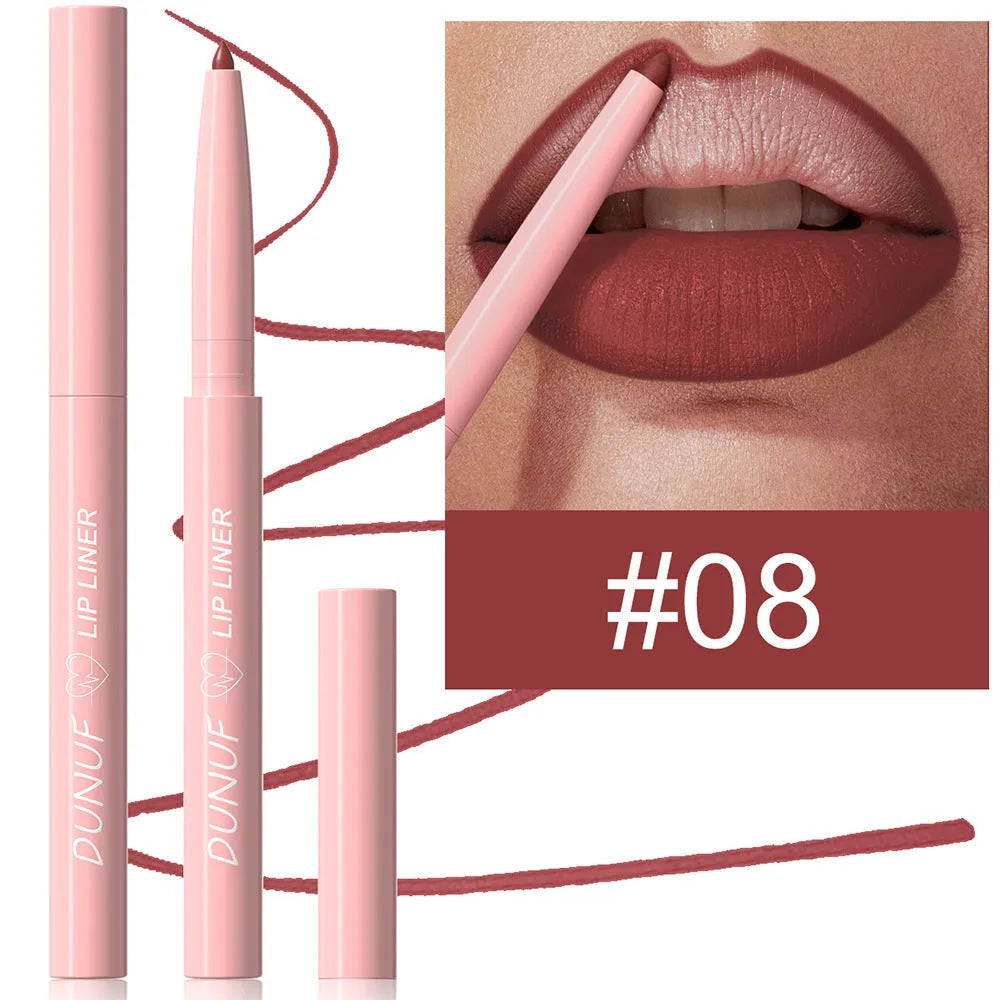 A single velvet matte lip liner pencil with 12 colour shade options shown, for precise lip definition.