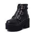 Black women's Harajuku punk gothic short boots with bat buckle and side zip.