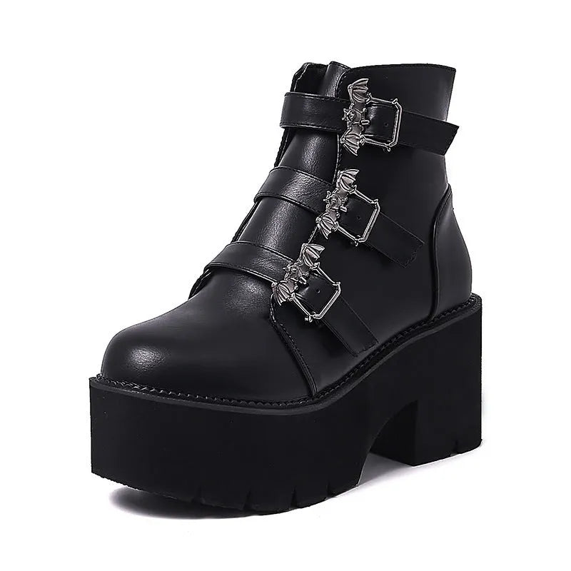 Black women's Harajuku punk gothic short boots with bat buckle and side zip.