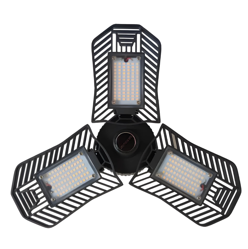 Waterproof industrial foldable LED garage lamp with die-cast aluminium housing shown in a workshop setting.
