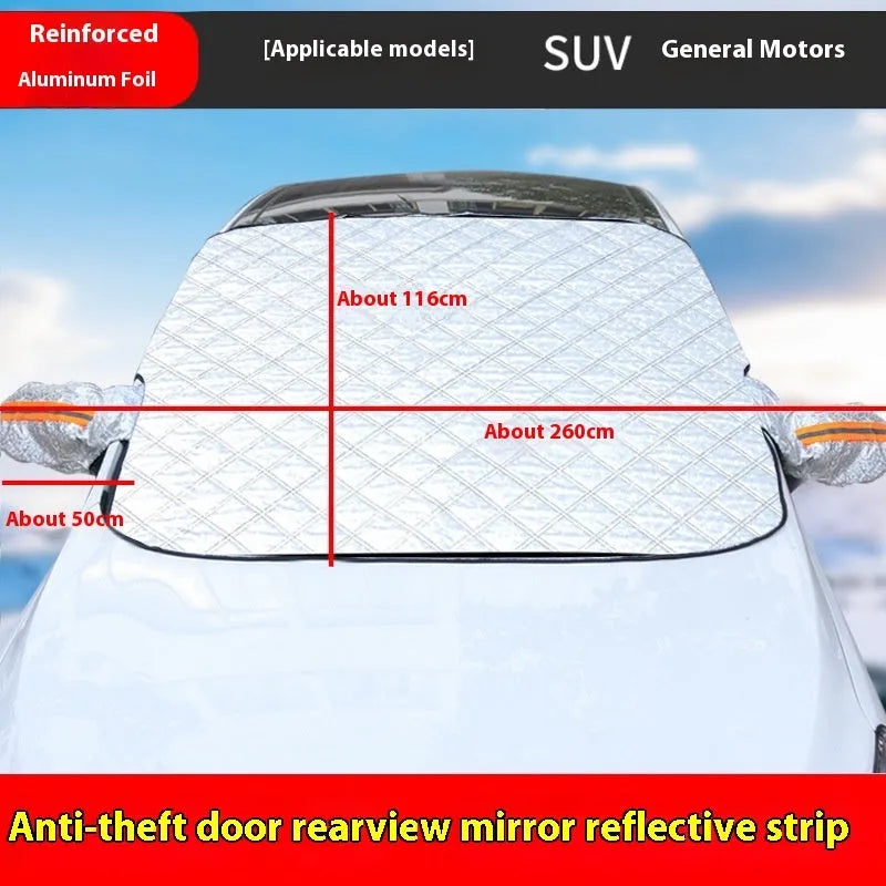 Large aluminium foil winter car cover for SUVs with reflective stripes and magnets.