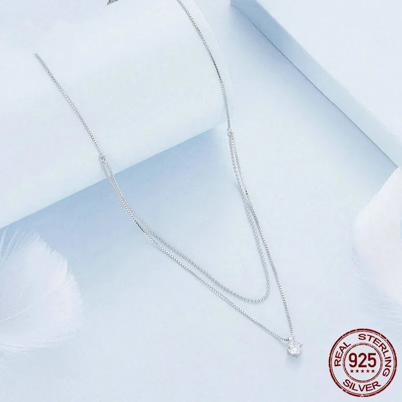 Silver double-layer necklace with pearl chain texture and pendant on S925 sterling silver