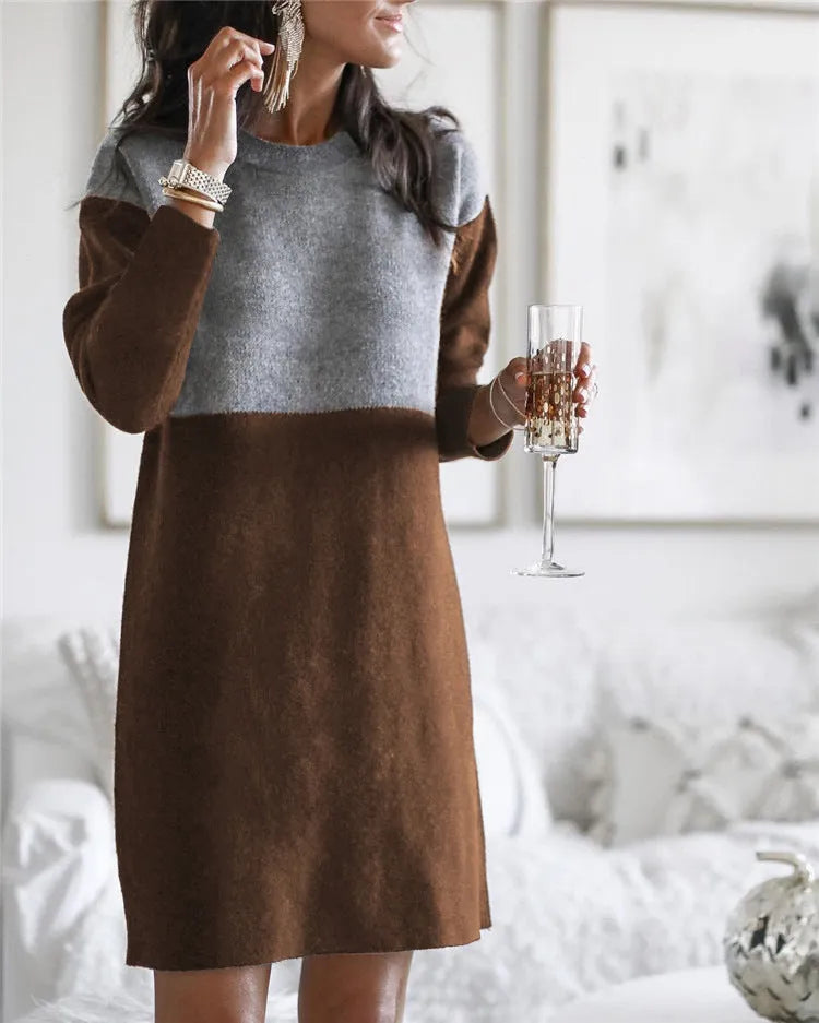 Brown women's loose-fitting patchwork skirt dress with long sleeves and round neckline