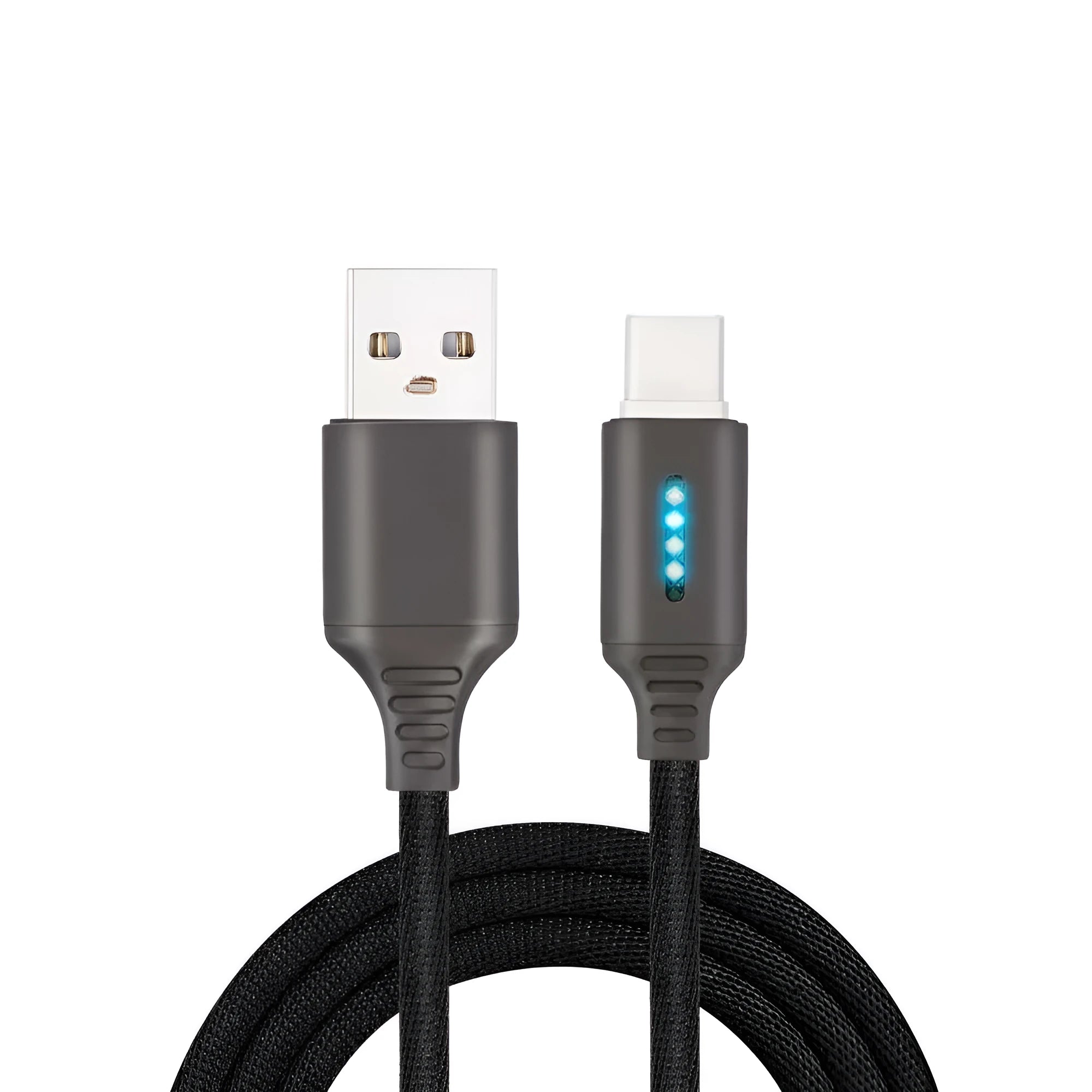Black fabric braided USB charging cable with Type-C connector, shown at full 1-metre length.