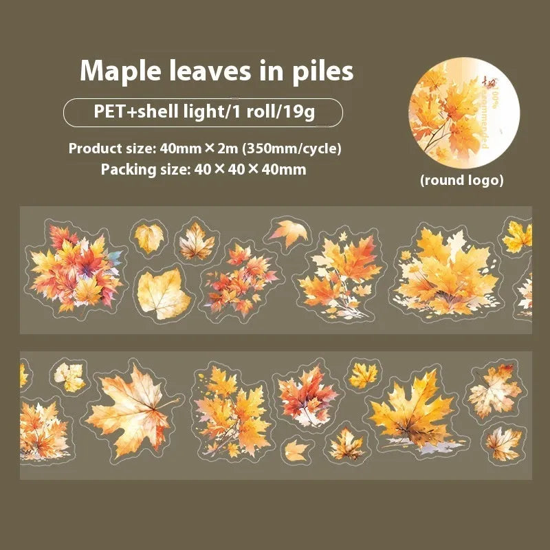 Roll of PET decorative stickers with six leaf patterns including ginkgo and maple designs for DIY projects