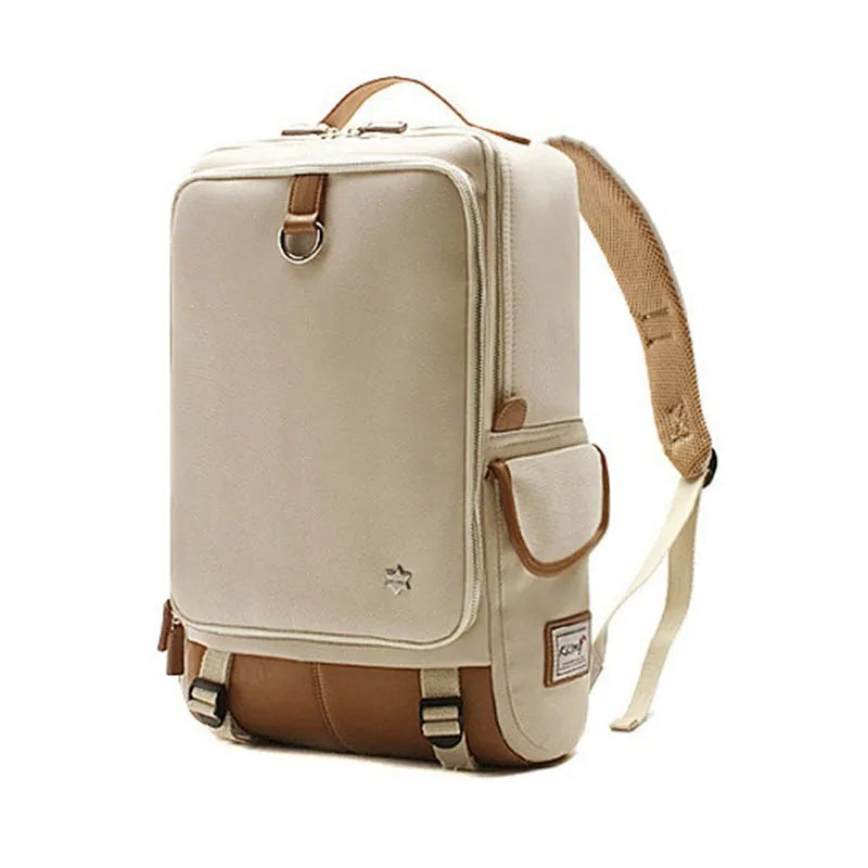 Korean style Oxford cloth men's backpack in seven colour options showing 30cm width by 16cm depth by 46cm height dimensions