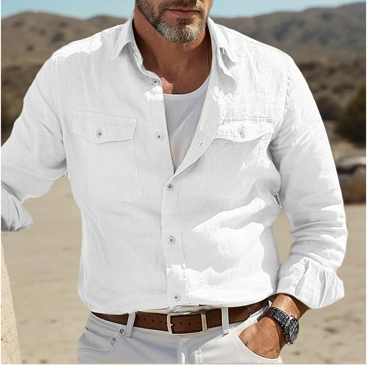 Men's loose-fit long-sleeved cotton linen shirt in solid green, blue, khaki, or white