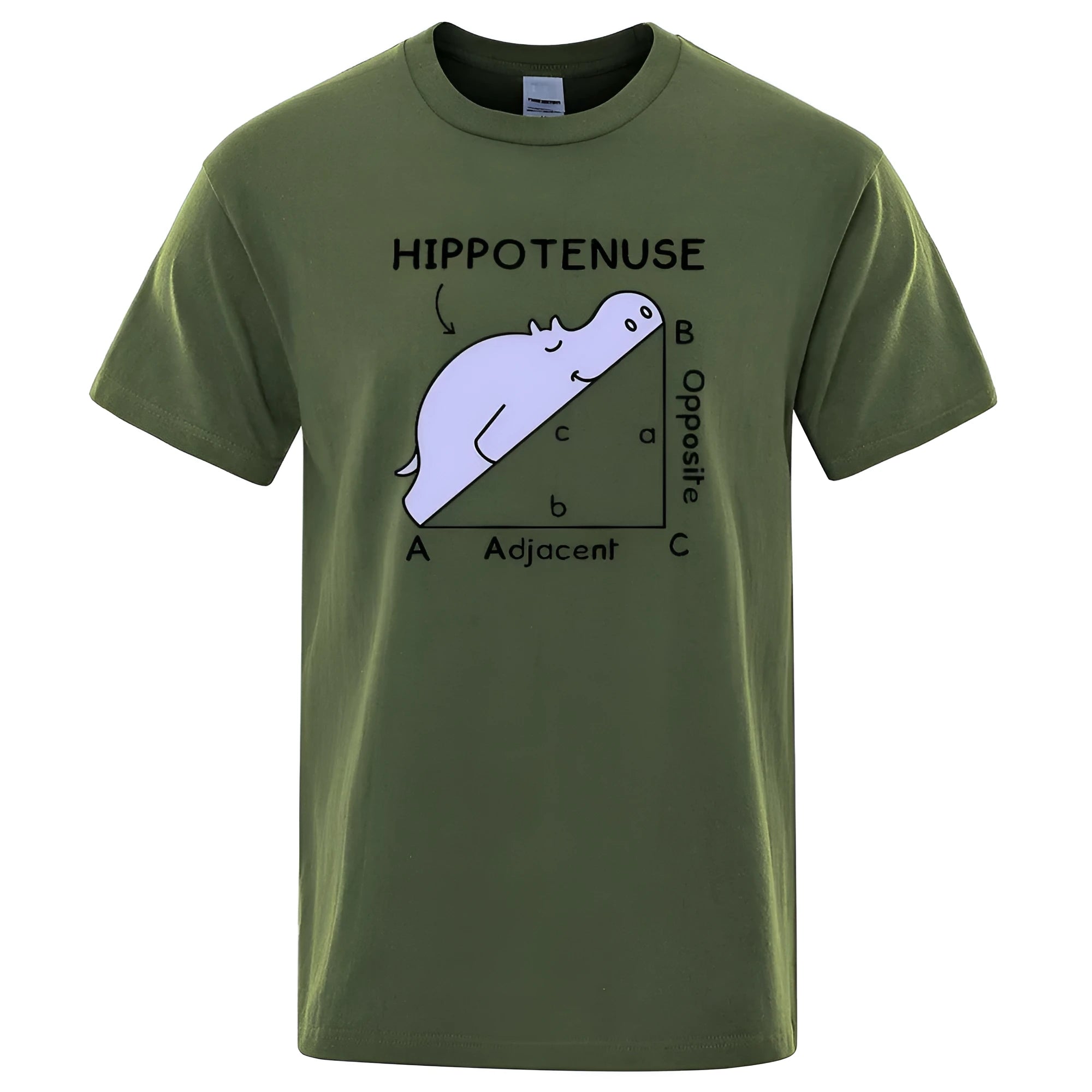 Loose fit cotton T-shirt with a humorous Hippotenuse Opposite Adjacent maths print in multiple colours.