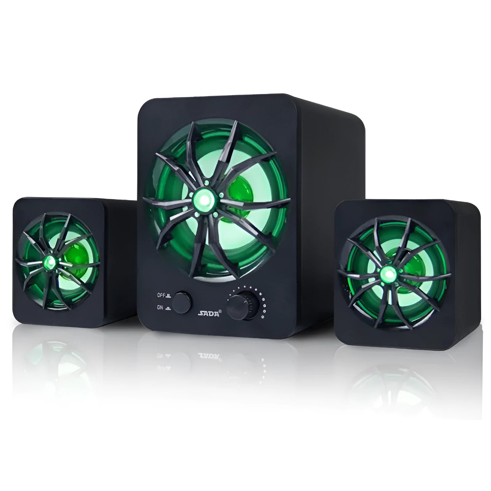 Green U-2600 2.1 USB computer speaker with illuminated colourful LED lights on a desk