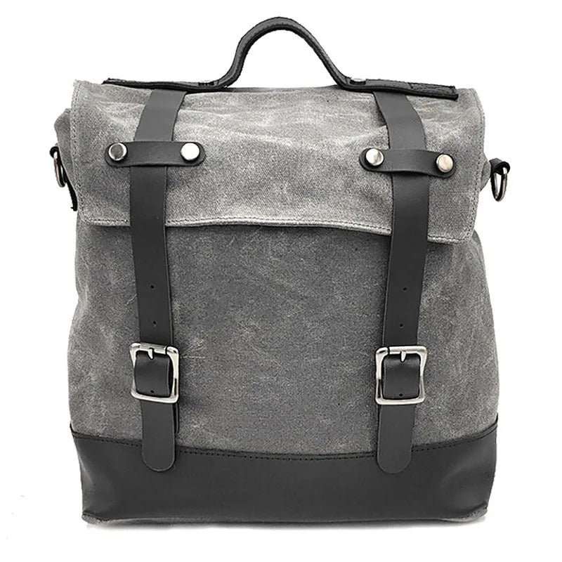 Waterproof canvas motorcycle side bag with cowhide reinforcement in black colour