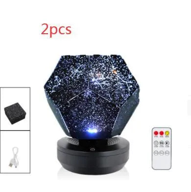 LED star projector showing constellation projection on bedroom ceiling with remote control
