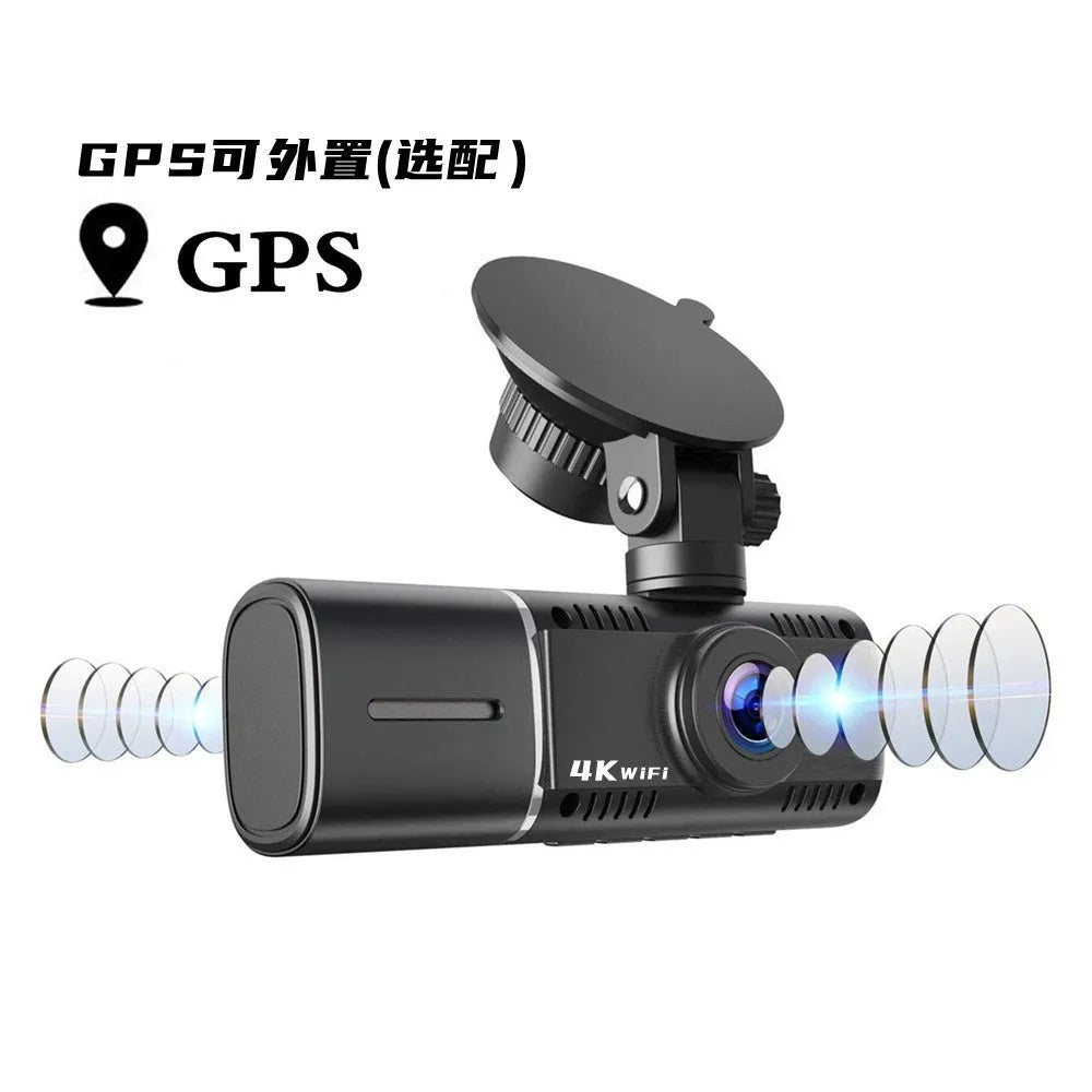 Black dual-channel dashcam car camera with front and rear recording for vehicle security