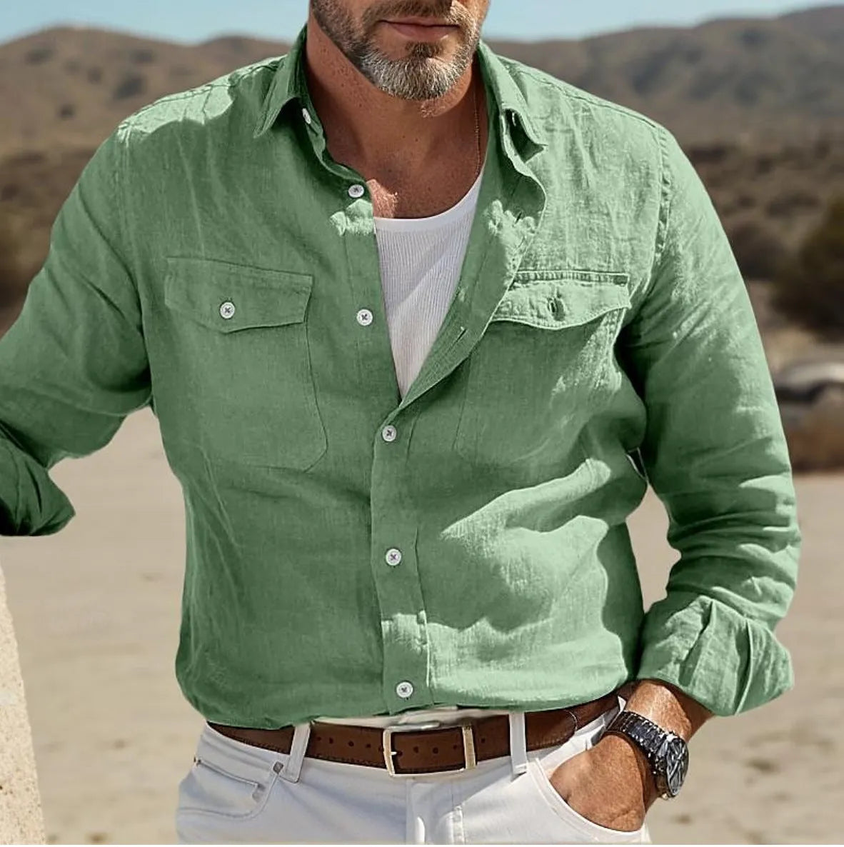Men's loose-fit long-sleeved cotton linen shirt in solid green, blue, khaki, or white
