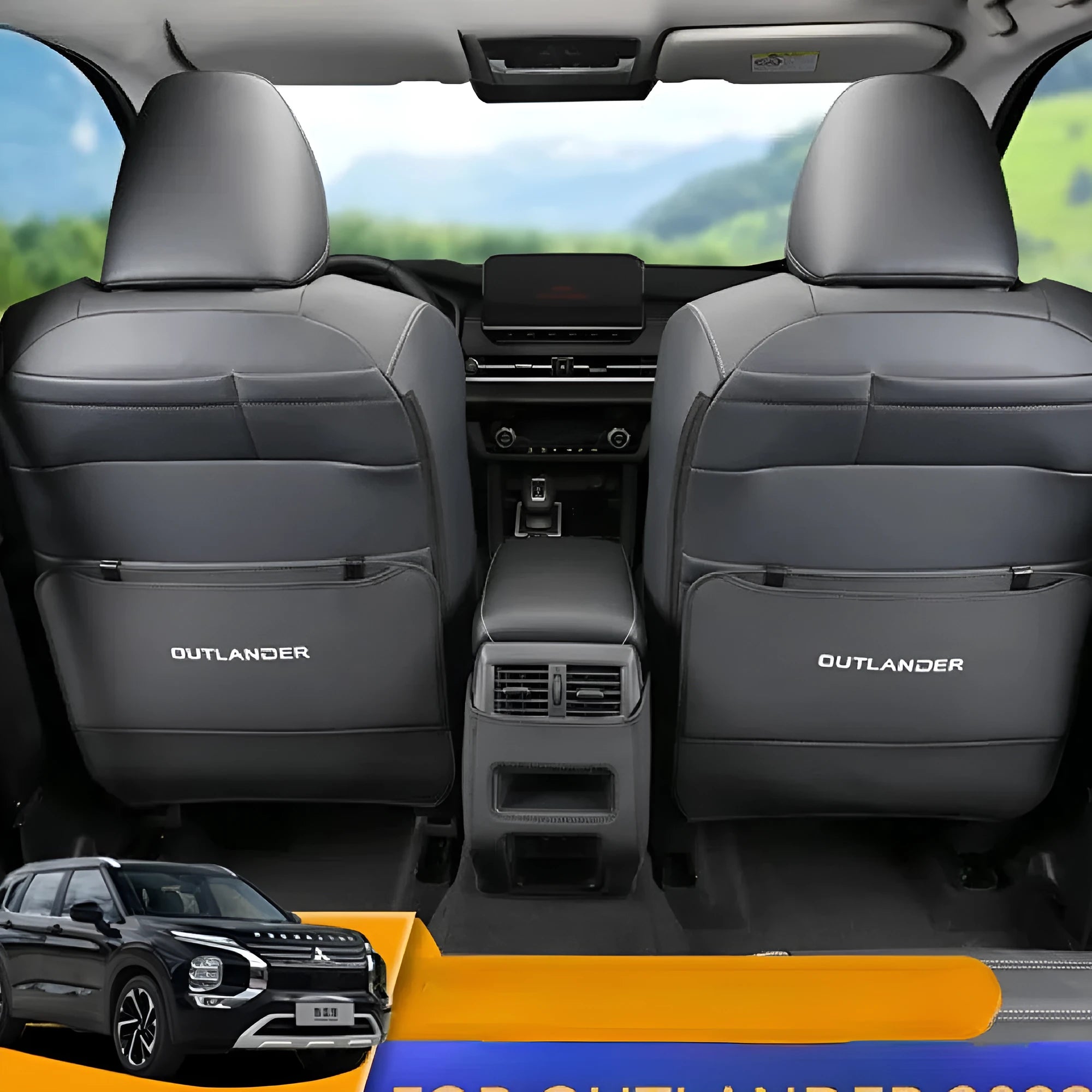 Three leather anti-kick pads for Mitsubishi Outlander seat and console protection.