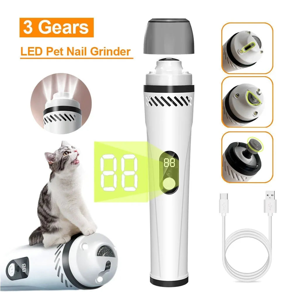 Automatic electric dog nail trimmer with LCD screen, LED lights, and dust collection chamber.