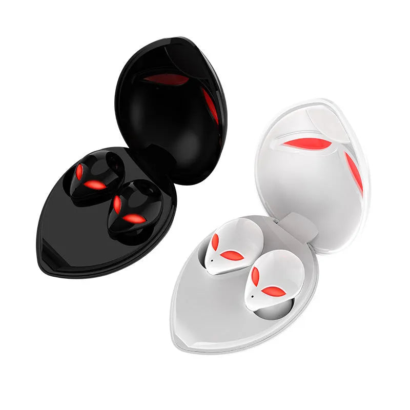 Creative Outer T8 Starman black and white alien design Bluetooth earbuds with coloured lights and wireless charging case.