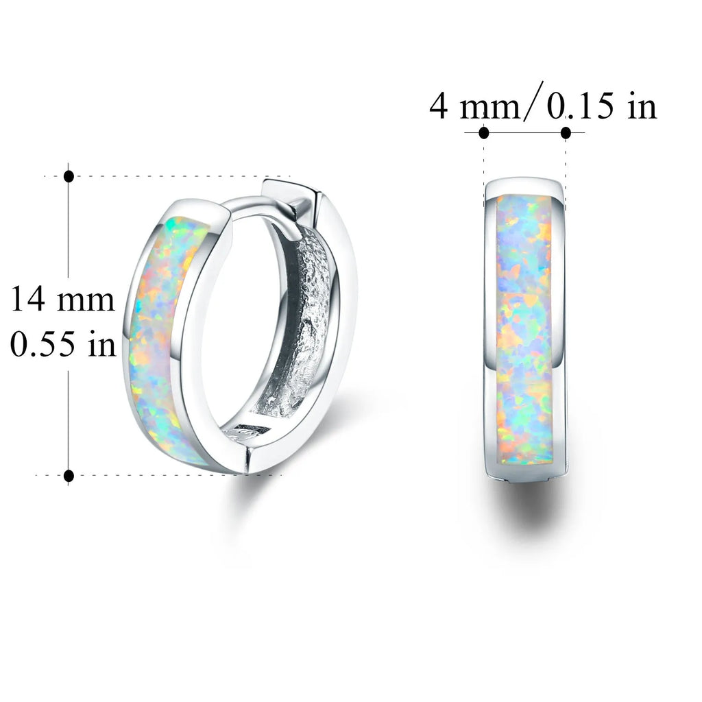 Hinged hug opal earrings in 925 sterling silver white gold plated round hoops for women with multicolour stone