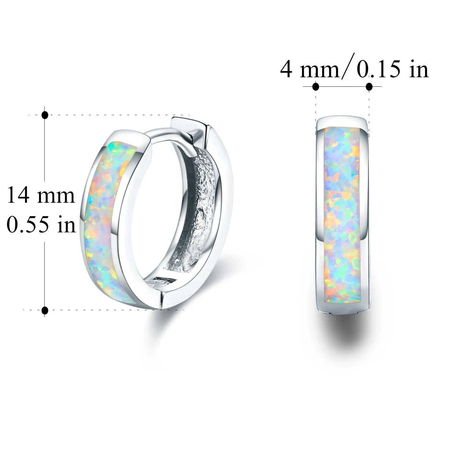 Hinged hug opal earrings in 925 sterling silver white gold plated round hoops for women with multicolour stone