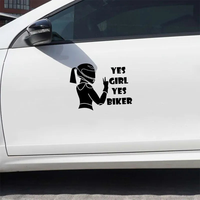 Cool girl rider character waterproof car sticker in black, measuring 16cm by 15cm.