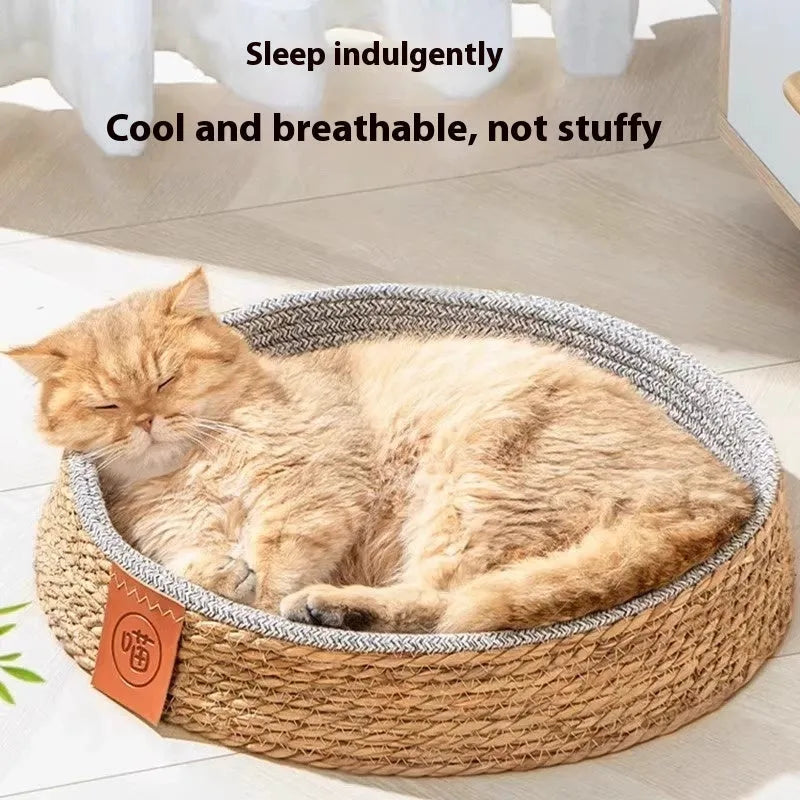 Woven rattan cat bed nest shown in one of four available sizes: S, M, L, or XL.