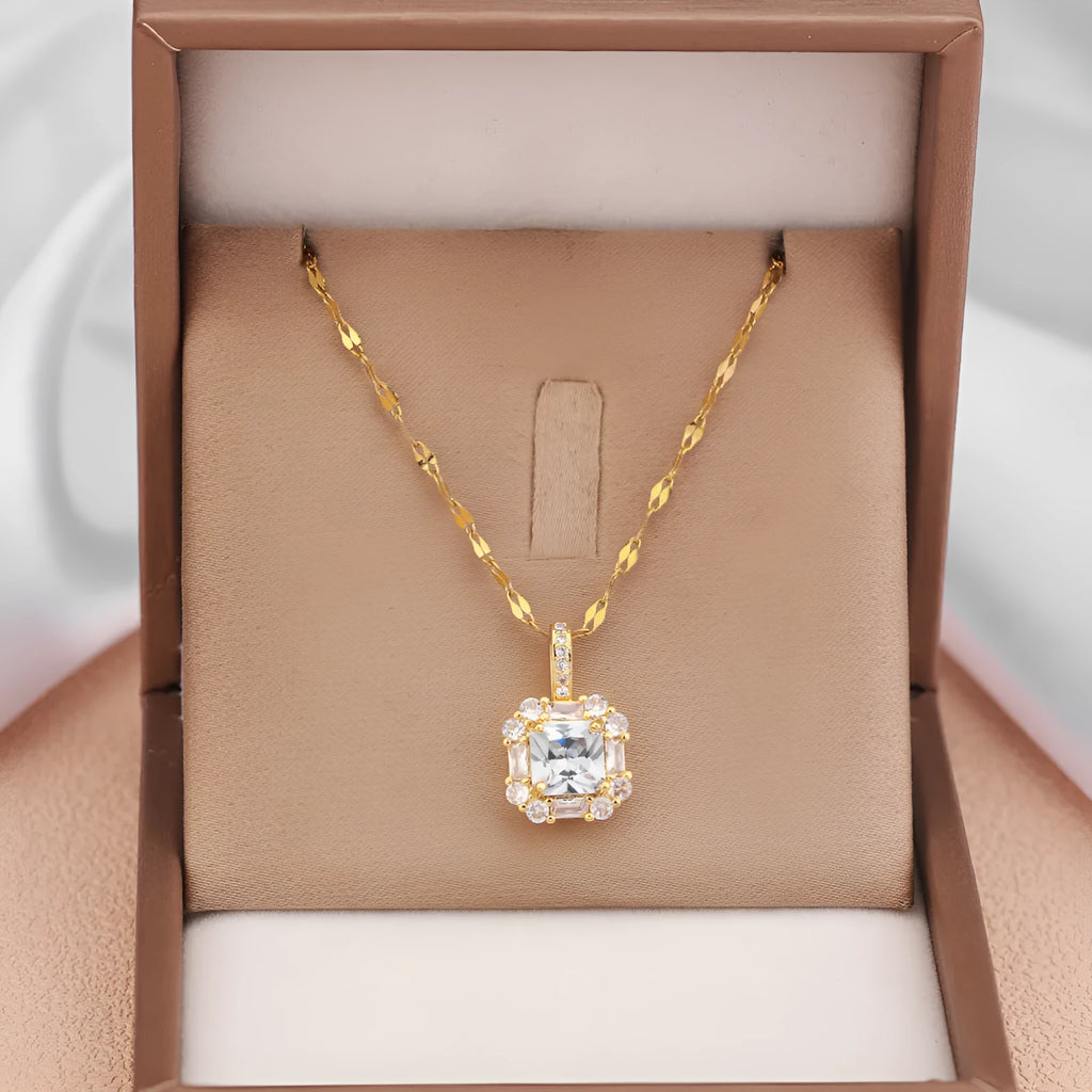 Women's titanium steel clavicle chain with geometric zircon and gemstone pendant
