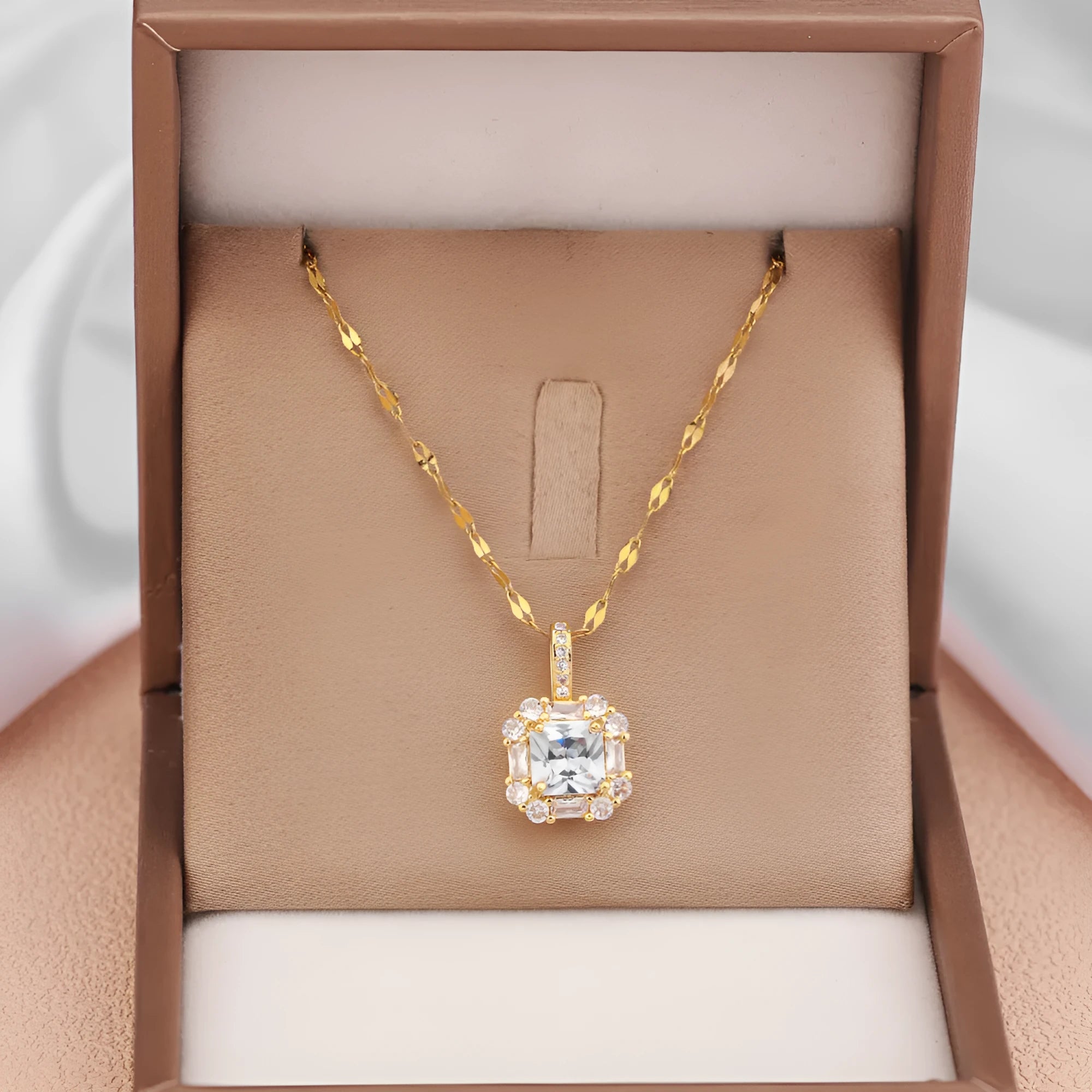 Women's titanium steel clavicle chain with geometric zircon and gemstone pendant