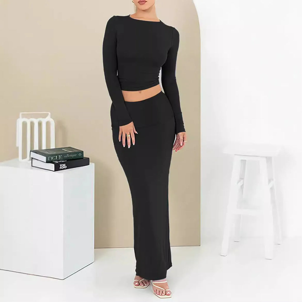 Women's polyester two-piece autumn suit in sweet style with three-quarter sleeves and long skirt