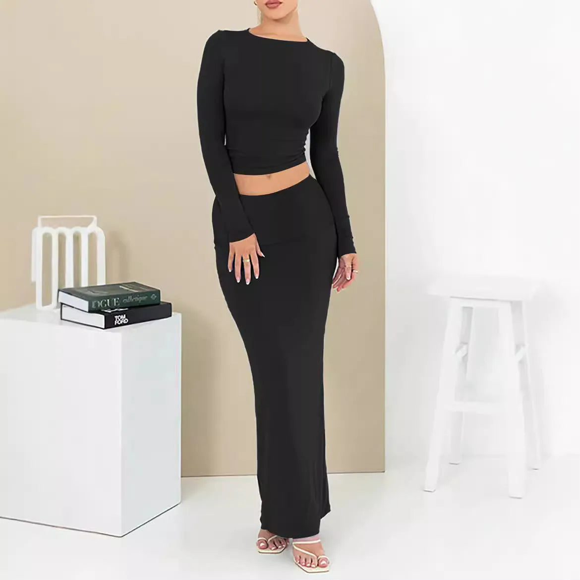 Women's polyester two-piece autumn suit in sweet style with three-quarter sleeves and long skirt