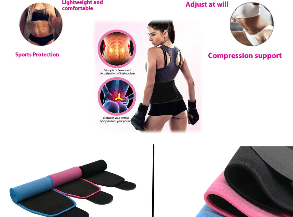 Neoprene fitness lumbar support belt for running and gym workouts in black, blue, or pink colours